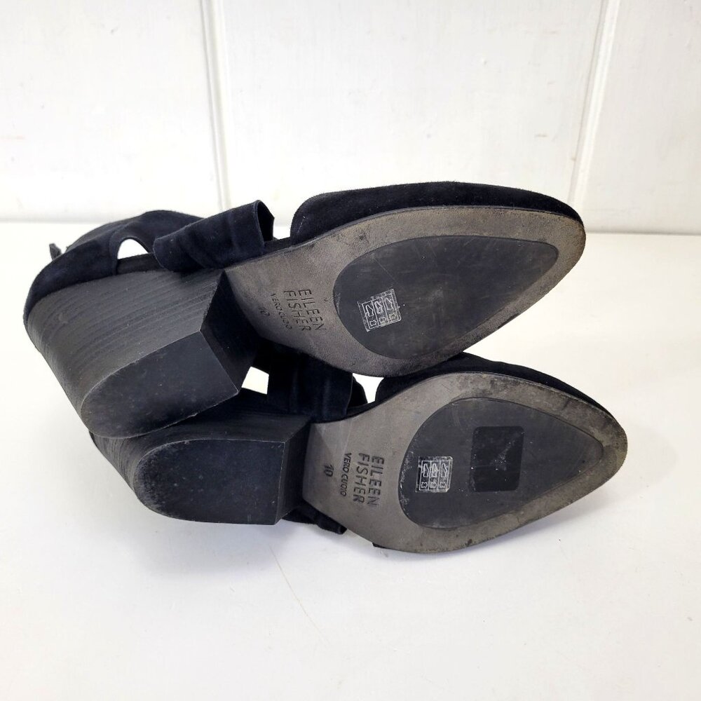 Eileen Fisher Black Suede Pointed Toe Ankle Heels With Bow Strap & Zipper Closur - Picture 7 of 8